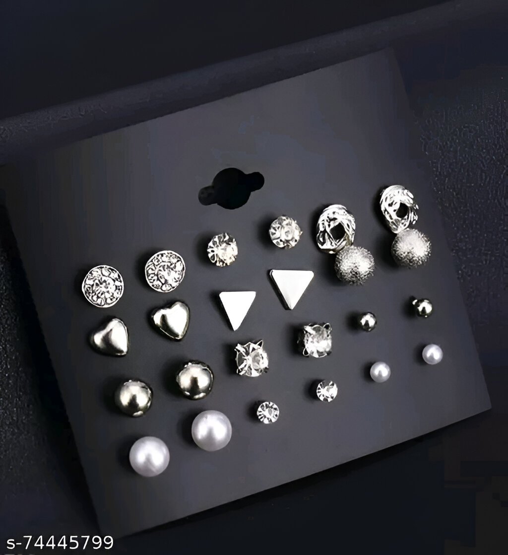 Combo Of 12 Pair Silver Studded Pearl Stud Earrings