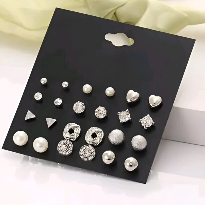 Combo Of 12 Pair Silver Studded Pearl Stud Earrings