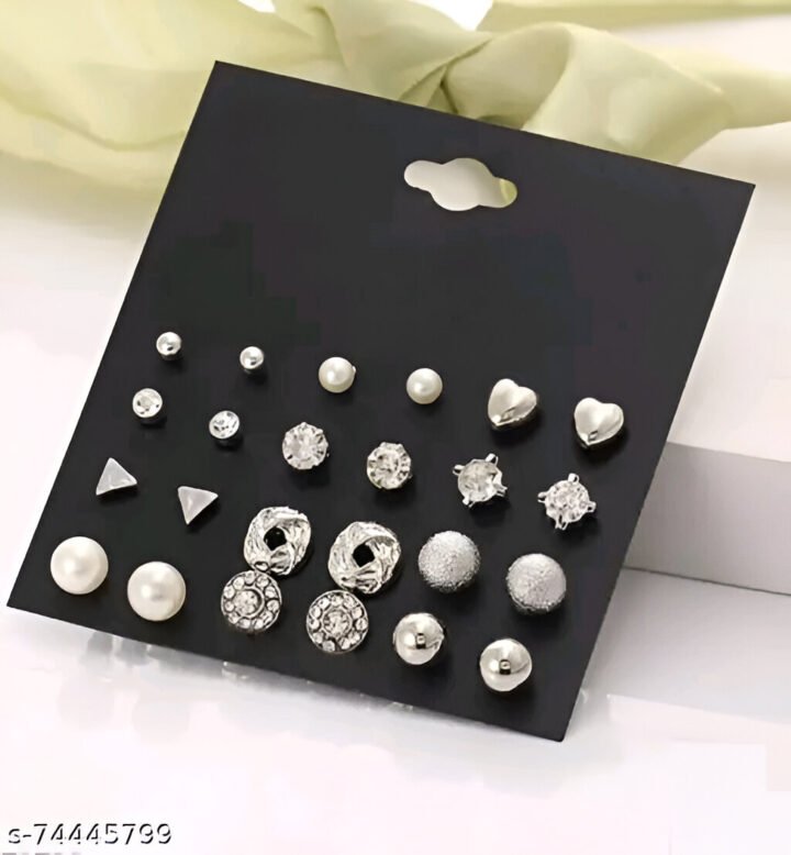 Combo Of 12 Pair Silver Studded Pearl Stud Earrings