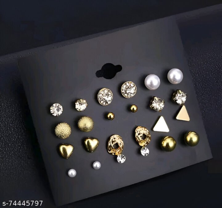 Combo Of 12 Pair Golden Studded Pearl Stud Earrings