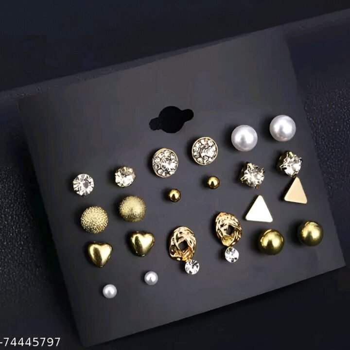 Combo Of 12 Pair Golden Studded Pearl Stud Earrings