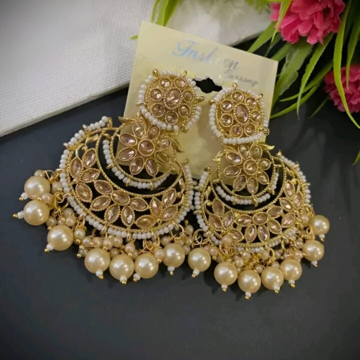 Beautiful Gold Tone Traditional Kundan & beads Dangle Earring