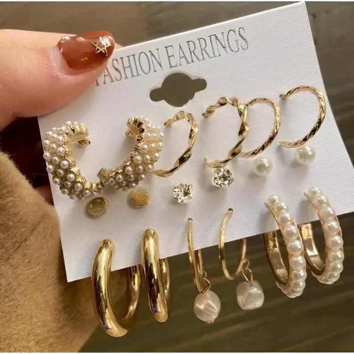 Beautiful Combo of 9 Pair Stylish Gold Plated Pearl Hoop Earrings