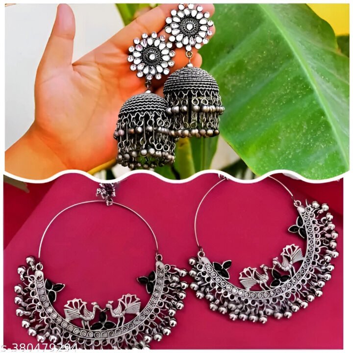 Beautiful Combo of 2 Pairs Traditional Silver Oxidized Ethnic Jhumkas